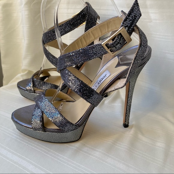 Jimmy Choo Vamp Metallic Slingback Wrap Sandals Platform Heels Glitter Silver - Picture 3 of 12